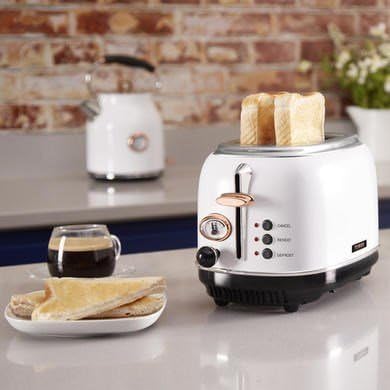 Tower Bottega T20016W 2 Slice Stainless Steel Toaster with Adjustable Browning Control, Defrost and Reheat Settings, White and Rose Gold - Amazing Gadgets Outlet