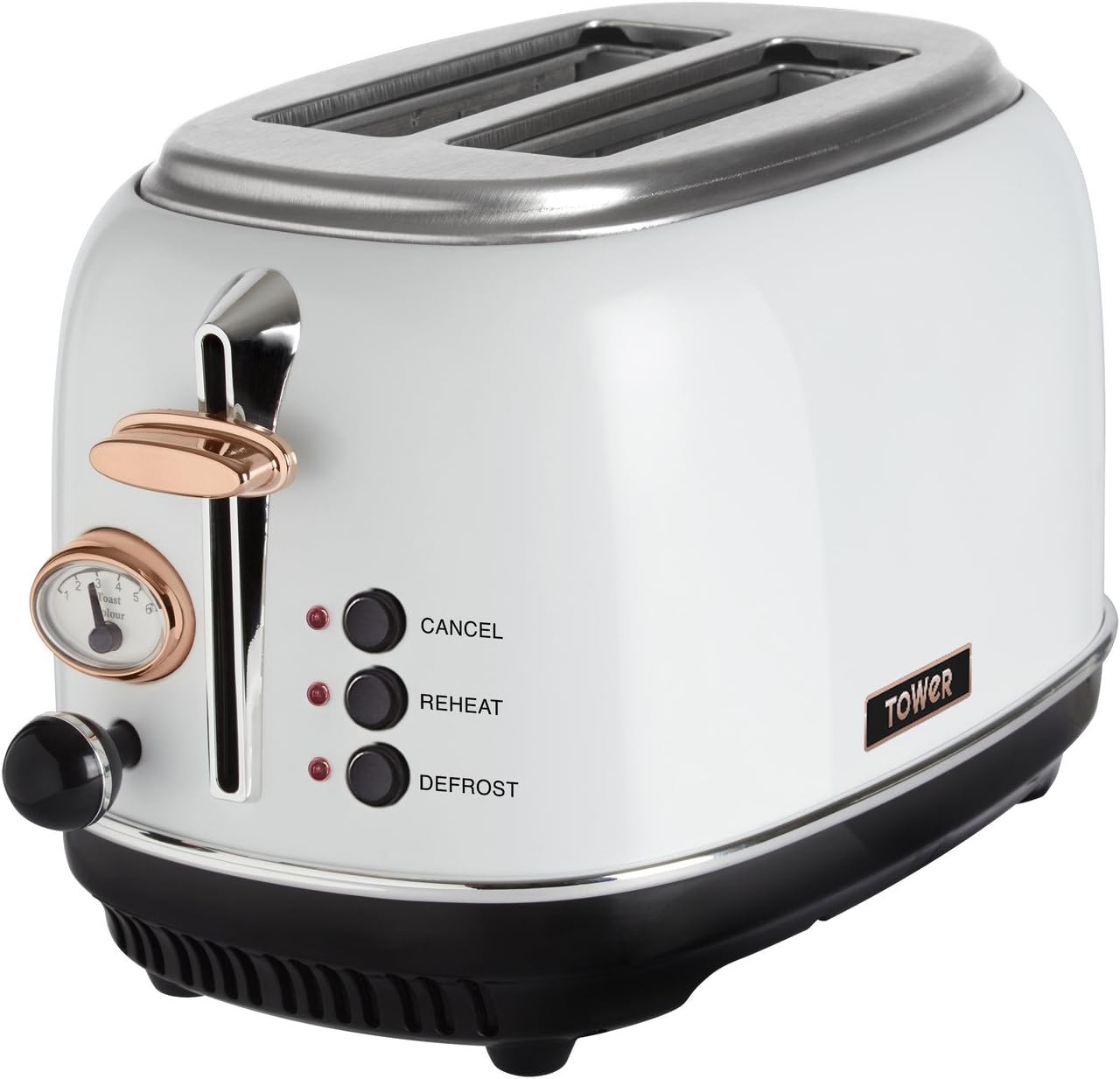 Tower Bottega T20016W 2 Slice Stainless Steel Toaster with Adjustable Browning Control, Defrost and Reheat Settings, White and Rose Gold - Amazing Gadgets Outlet