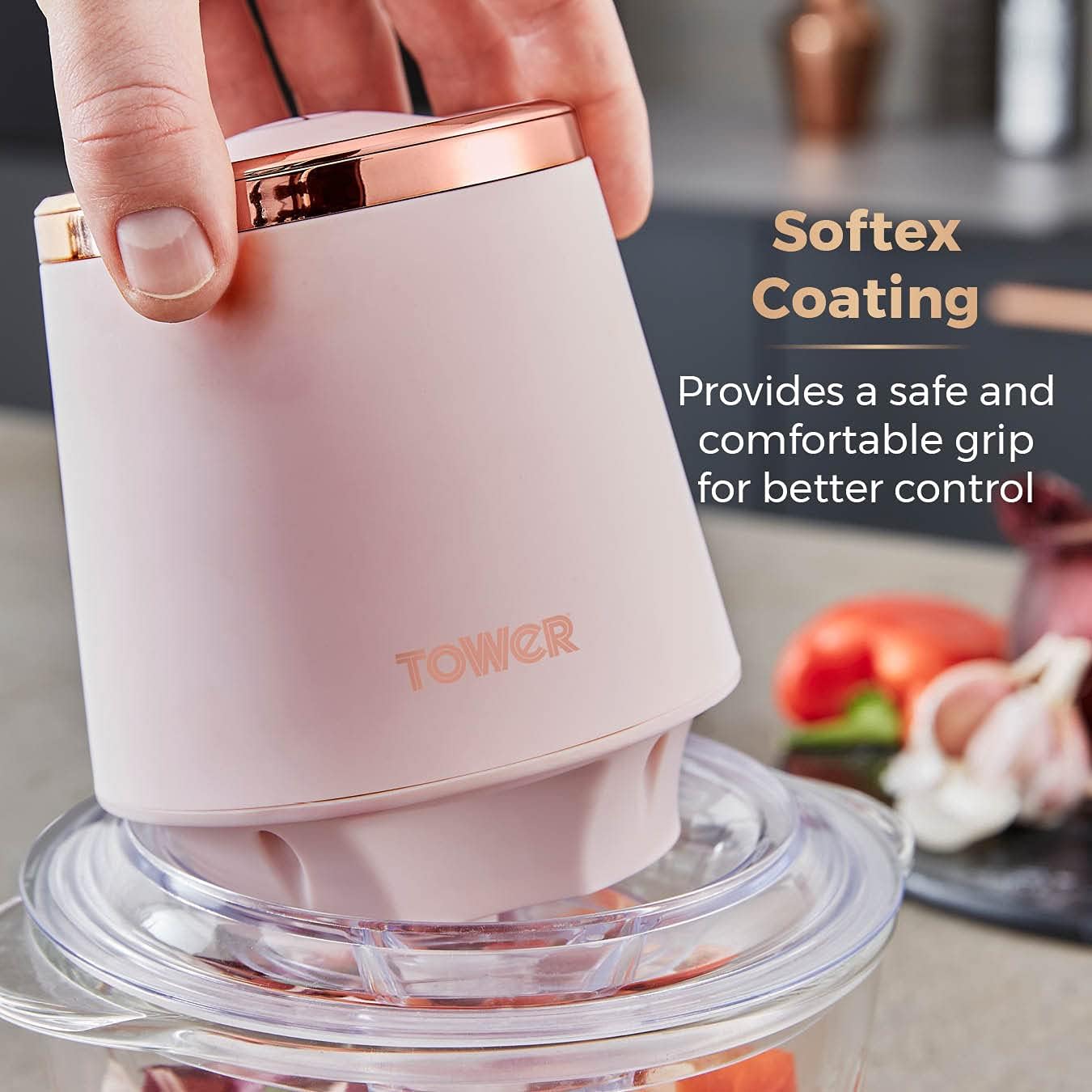 Tower Cavaletto T12058PNK Glass Bowl Chopper, 1L, 350W, Marshmallow Pink and Rose Gold - Amazing Gadgets Outlet