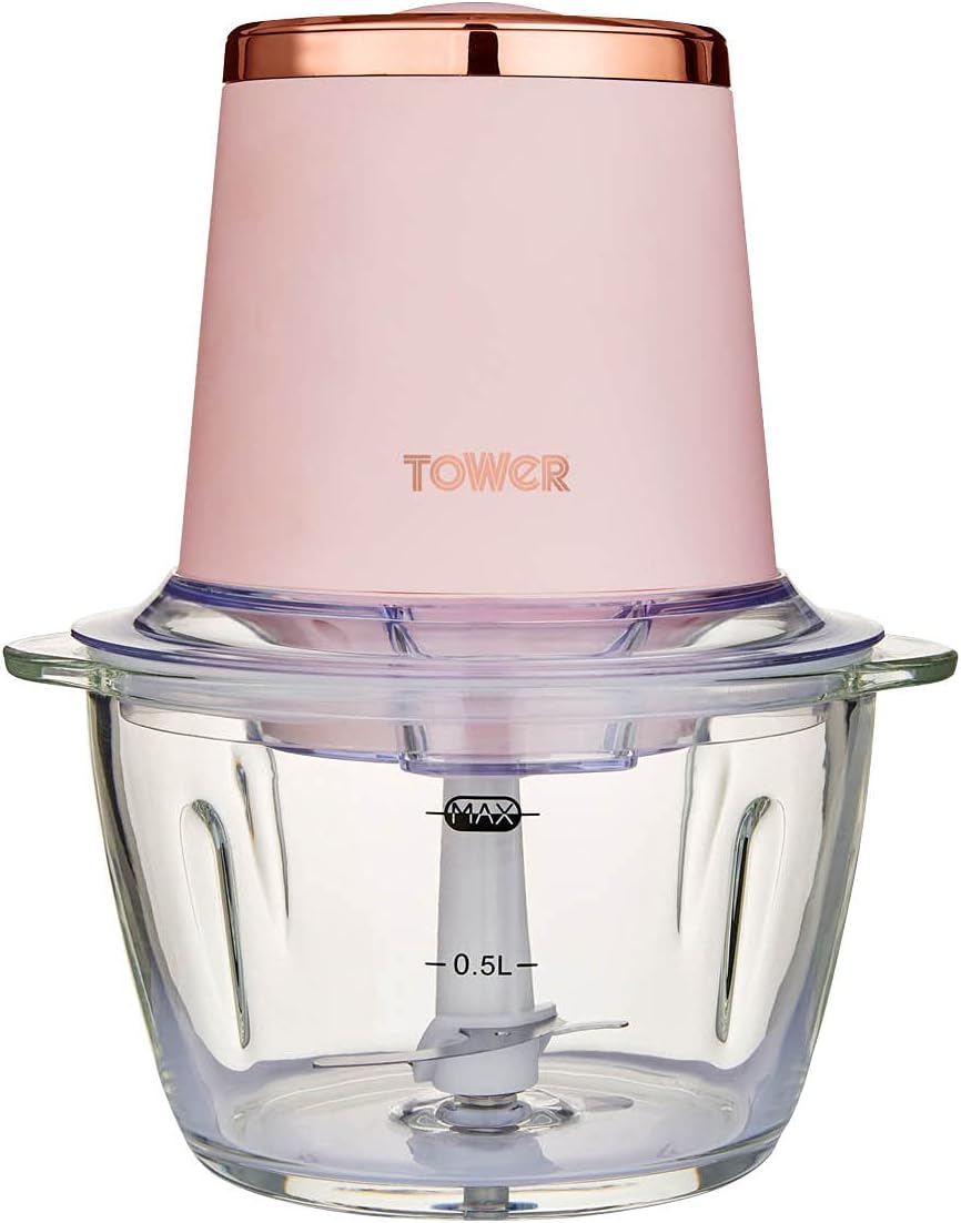 Tower Cavaletto T12058PNK Glass Bowl Chopper, 1L, 350W, Marshmallow Pink and Rose Gold - Amazing Gadgets Outlet