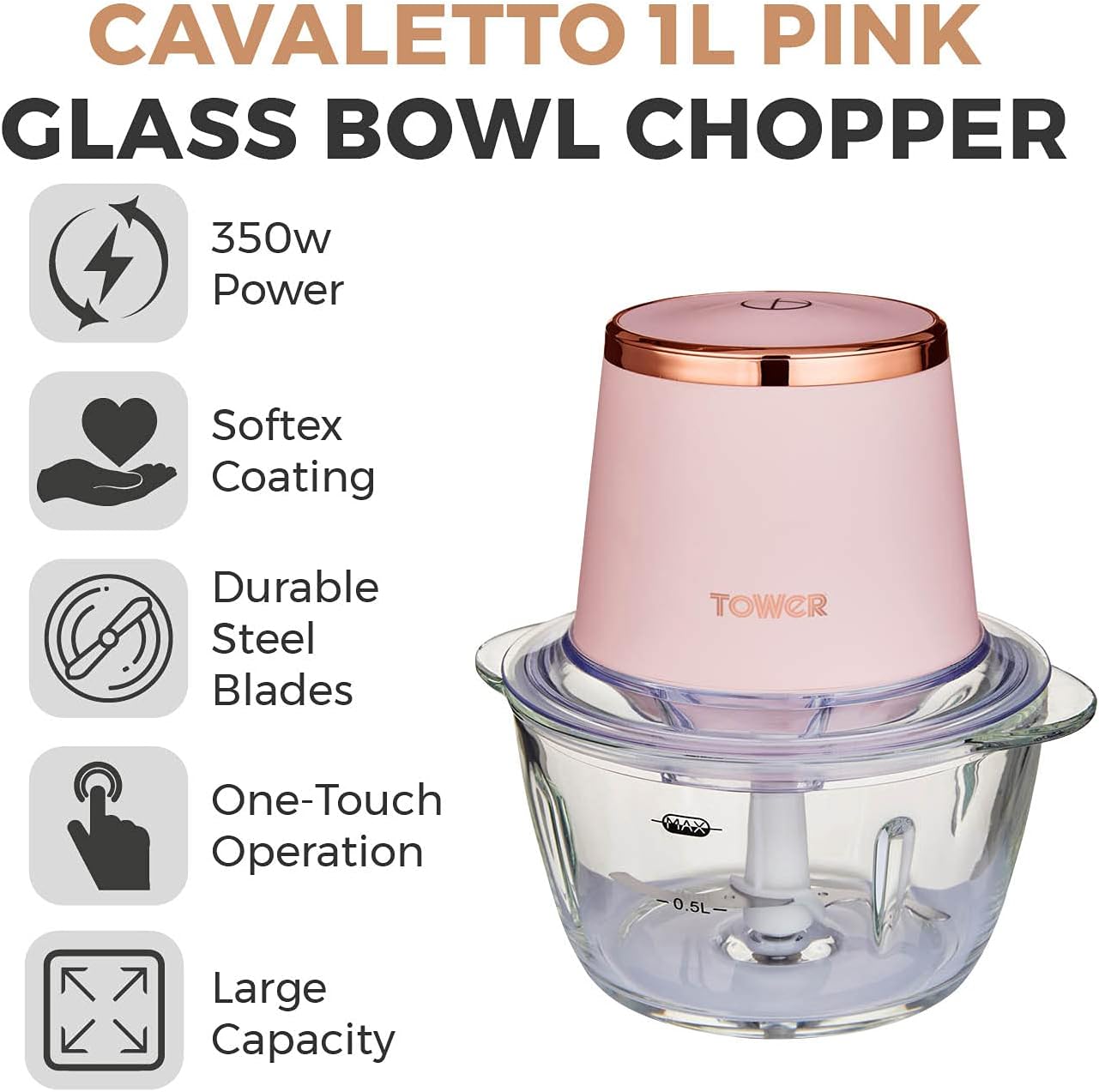 Tower Cavaletto T12058PNK Glass Bowl Chopper, 1L, 350W, Marshmallow Pink and Rose Gold - Amazing Gadgets Outlet