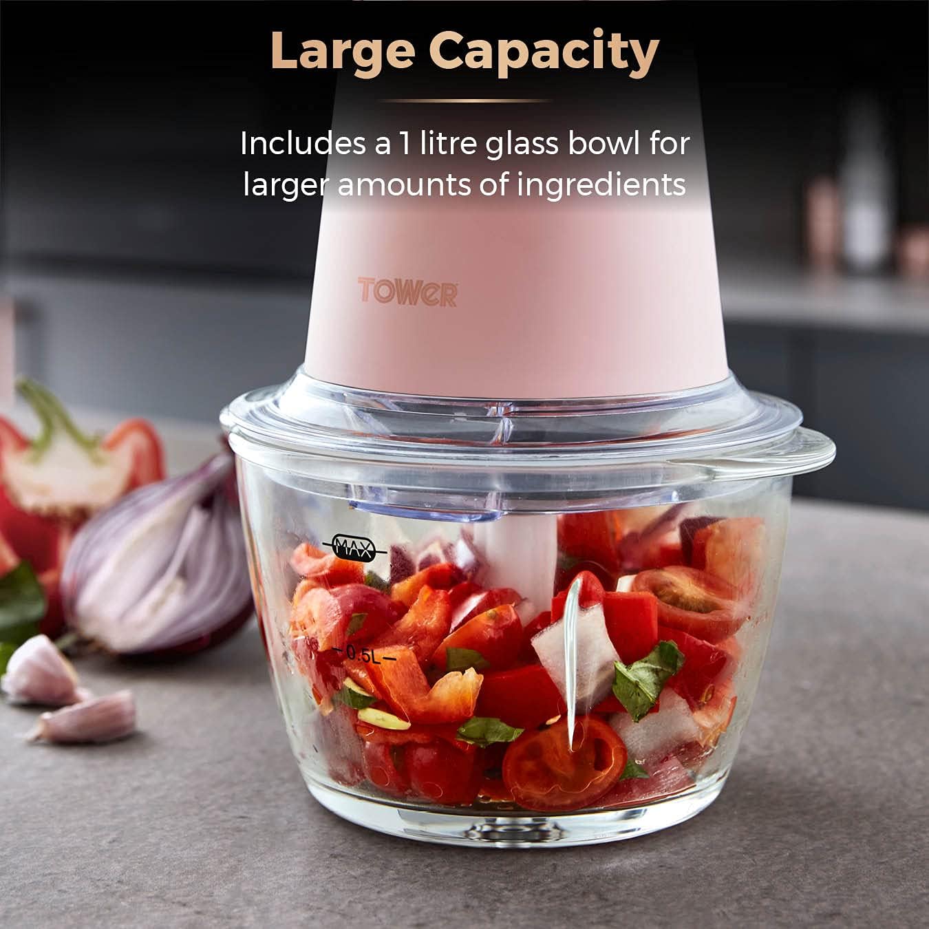 Tower Cavaletto T12058PNK Glass Bowl Chopper, 1L, 350W, Marshmallow Pink and Rose Gold - Amazing Gadgets Outlet