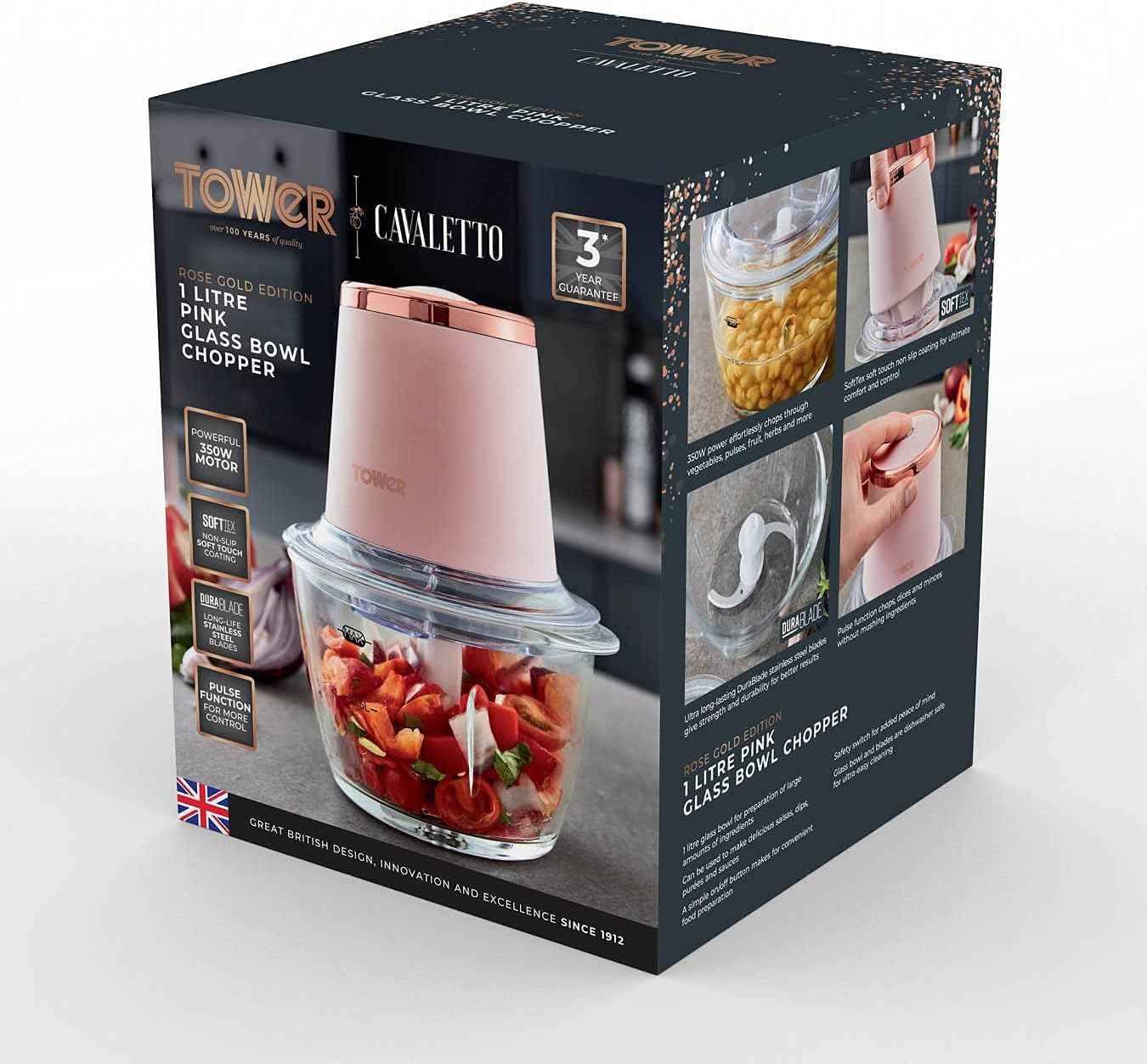 Tower Cavaletto T12058PNK Glass Bowl Chopper, 1L, 350W, Marshmallow Pink and Rose Gold - Amazing Gadgets Outlet