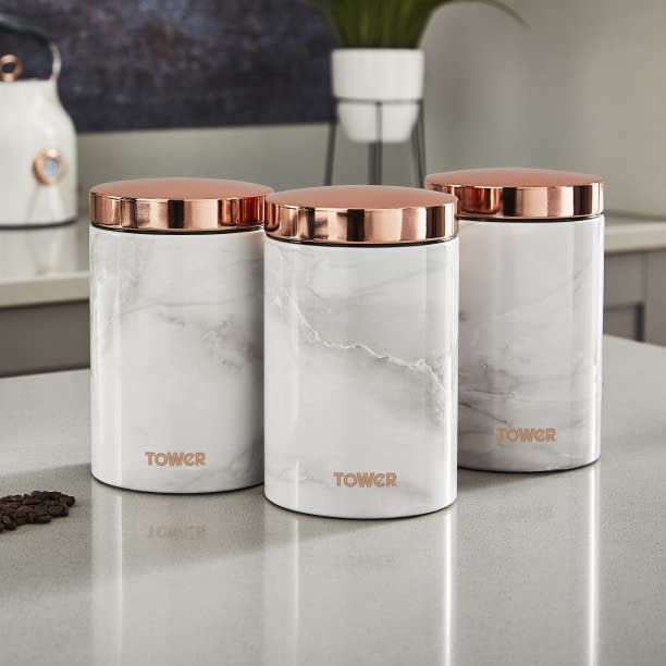 Tower Marble Rose Gold Kitchen Set of 8 Items including Kettle, 2 Slice Toaster, Bread Bin, Set of 3 Tea, Coffee & Sugar Canisters, Mug Tree & Towel Pole. Matching Marble Design Kitchen Set of 8 Items - Amazing Gadgets Outlet