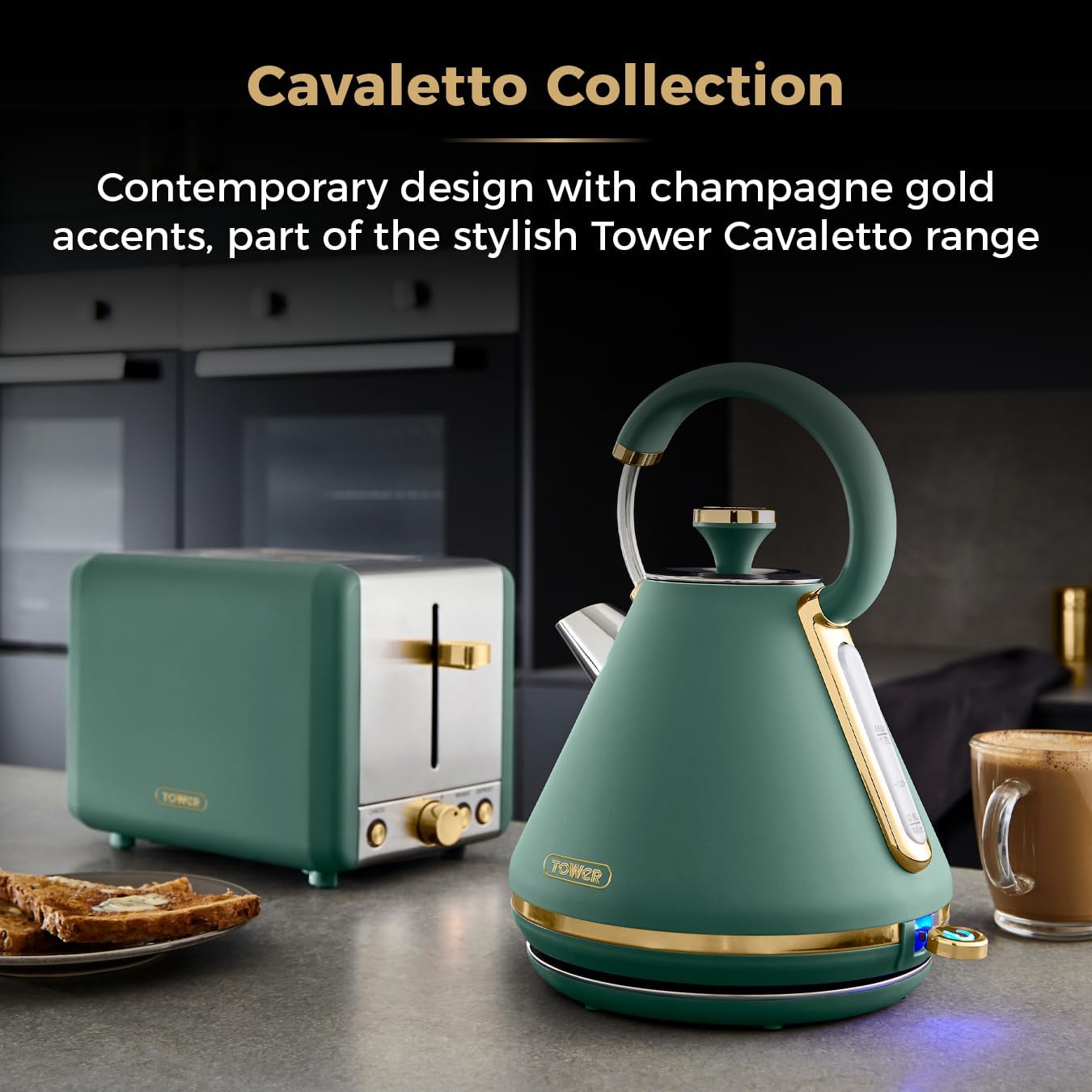 Tower T10044JDE Cavaletto Pyramid Kettle with Fast Boil, Detachable Filter, 1.7L, 3000 W, Jade & Champagne Gold - Amazing Gadgets Outlet