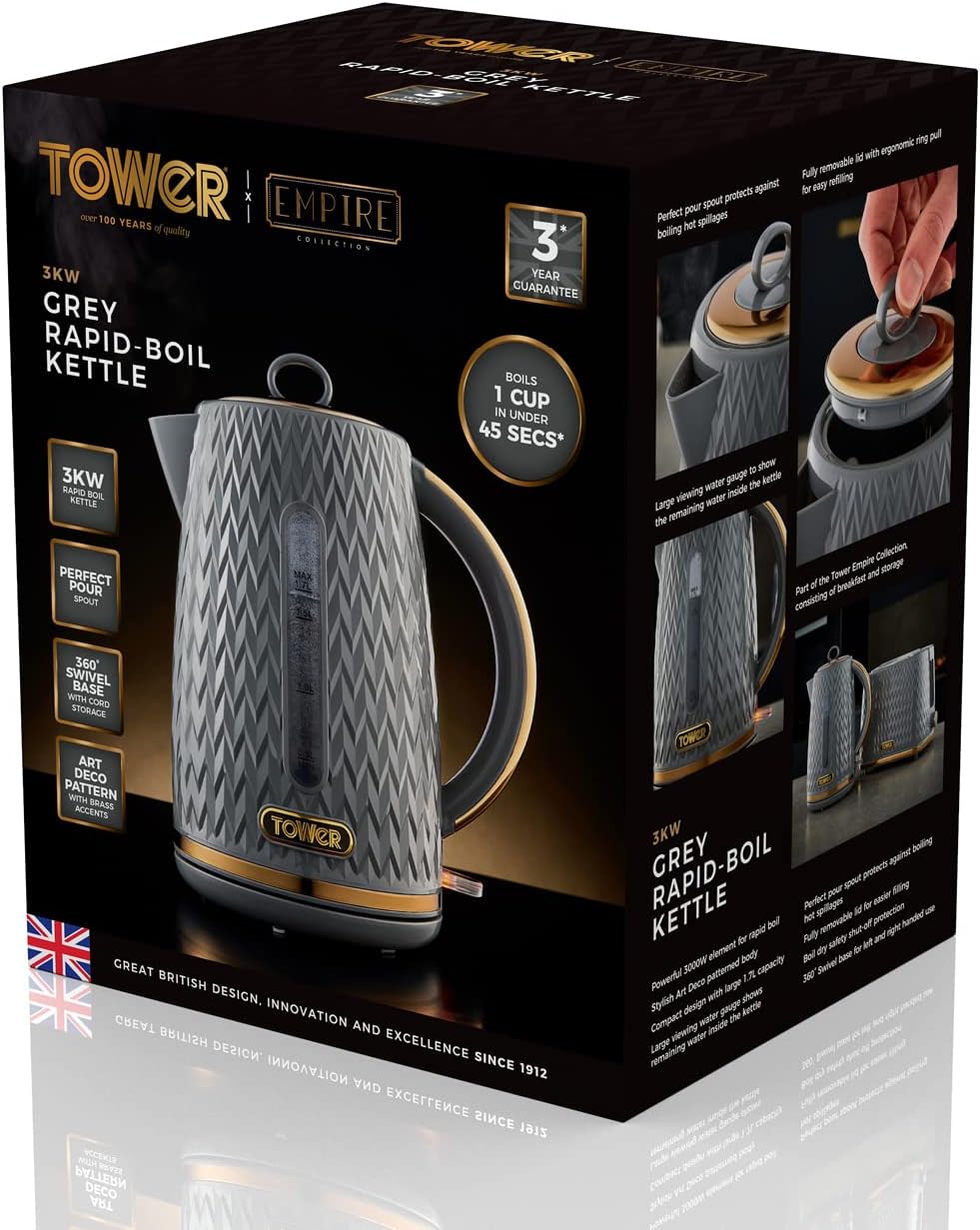 Tower T10052GRY Empire 1.7 Litre Kettle with Rapid Boil, Removable Filter, 3000W, Grey with Brass Accents - Amazing Gadgets Outlet