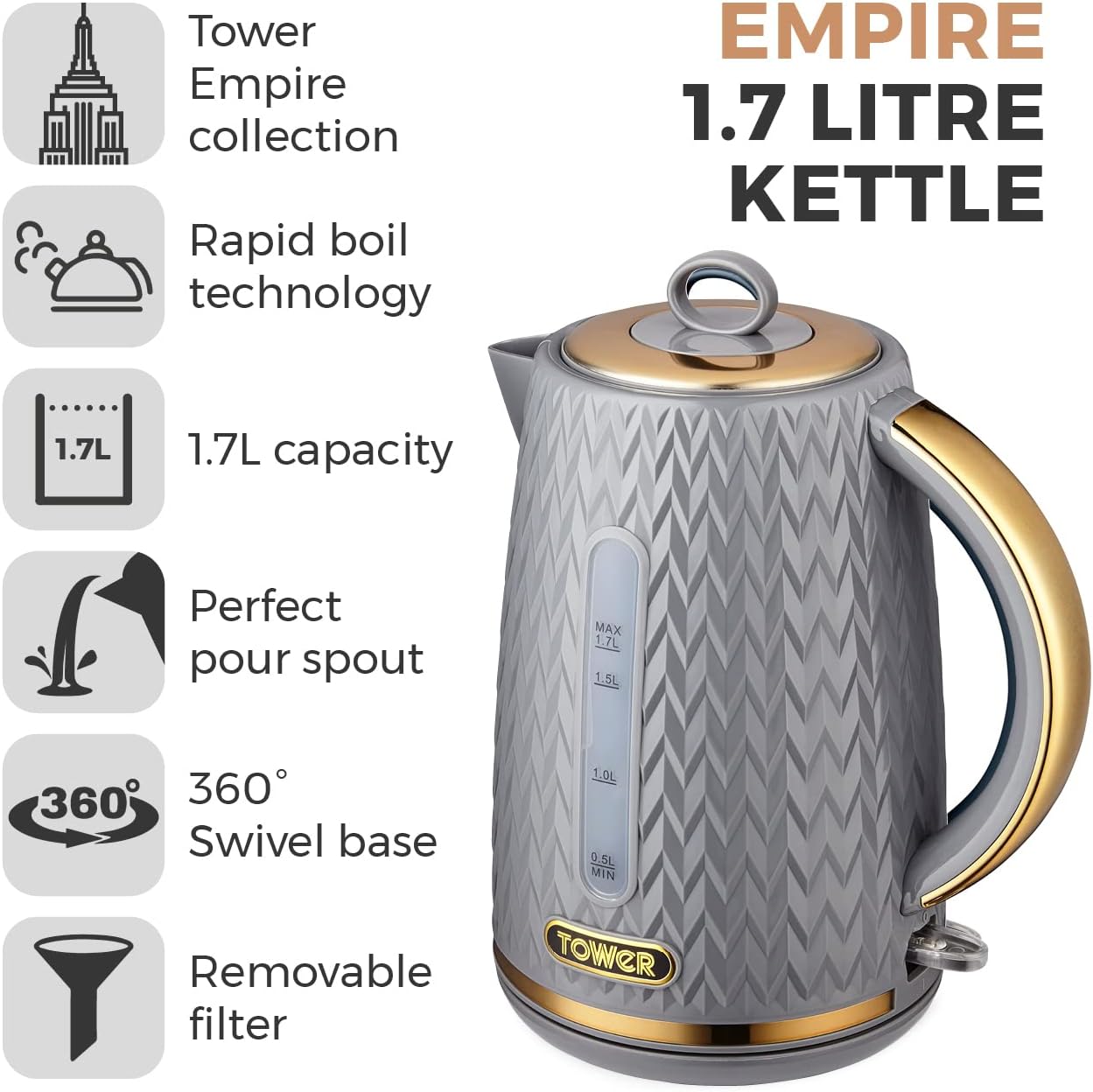 Tower T10052GRY Empire 1.7 Litre Kettle with Rapid Boil, Removable Filter, 3000W, Grey with Brass Accents - Amazing Gadgets Outlet