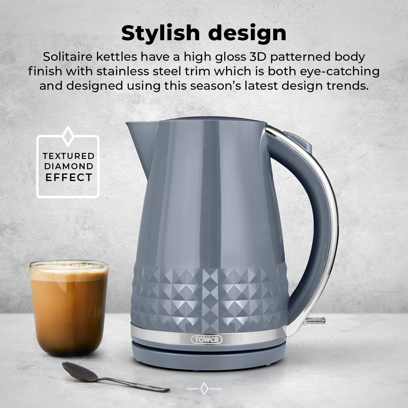 Tower T10075GRY Solitaire Kettle with 360° Swivel Base Cord Storage 1.5L 3KW Grey and Chrome Accents - Amazing Gadgets Outlet