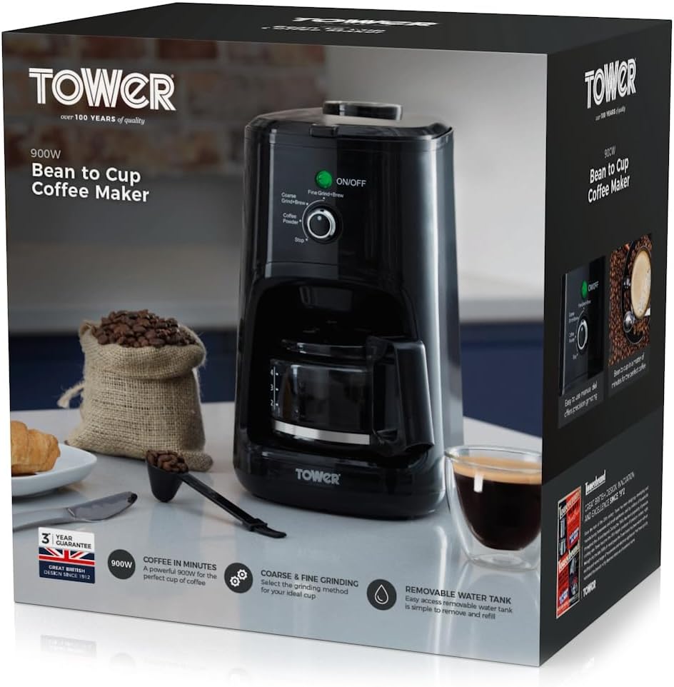 Tower T13005 Filter Coffee Machine with built in coffee grinder, Coarse and Fine Grinding Options, Bean to Cup, 0.6 Litre, 900 W, Black - Amazing Gadgets Outlet