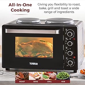 Tower T14044 Mini Oven with Dual Hot Plates, Adjustable Temperature Control, 90 Minute Timer, Baking Tray and Wire Rack, Black with Silver Accents, 32 Litre - Amazing Gadgets Outlet