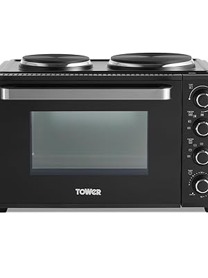 Tower T14044 Mini Oven with Dual Hot Plates, Adjustable Temperature Control, 90 Minute Timer, Baking Tray and Wire Rack, Black with Silver Accents, 32 Litre - Amazing Gadgets Outlet