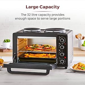 Tower T14044 Mini Oven with Dual Hot Plates, Adjustable Temperature Control, 90 Minute Timer, Baking Tray and Wire Rack, Black with Silver Accents, 32 Litre - Amazing Gadgets Outlet