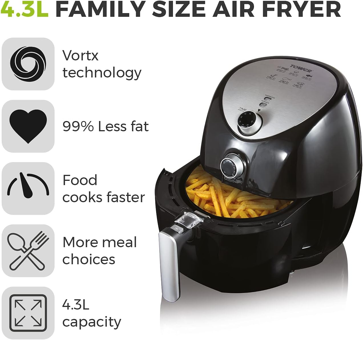 Tower T17021 Family Size Air Fryer with Rapid Air Circulation, 60 - Minute Timer, 4.3L, 1500W, Black   Import  Single ASIN  Import  Multiple ASIN ×Product customization General Description Gallery Reviews Variations Additional details - Amazing Gadgets Outlet