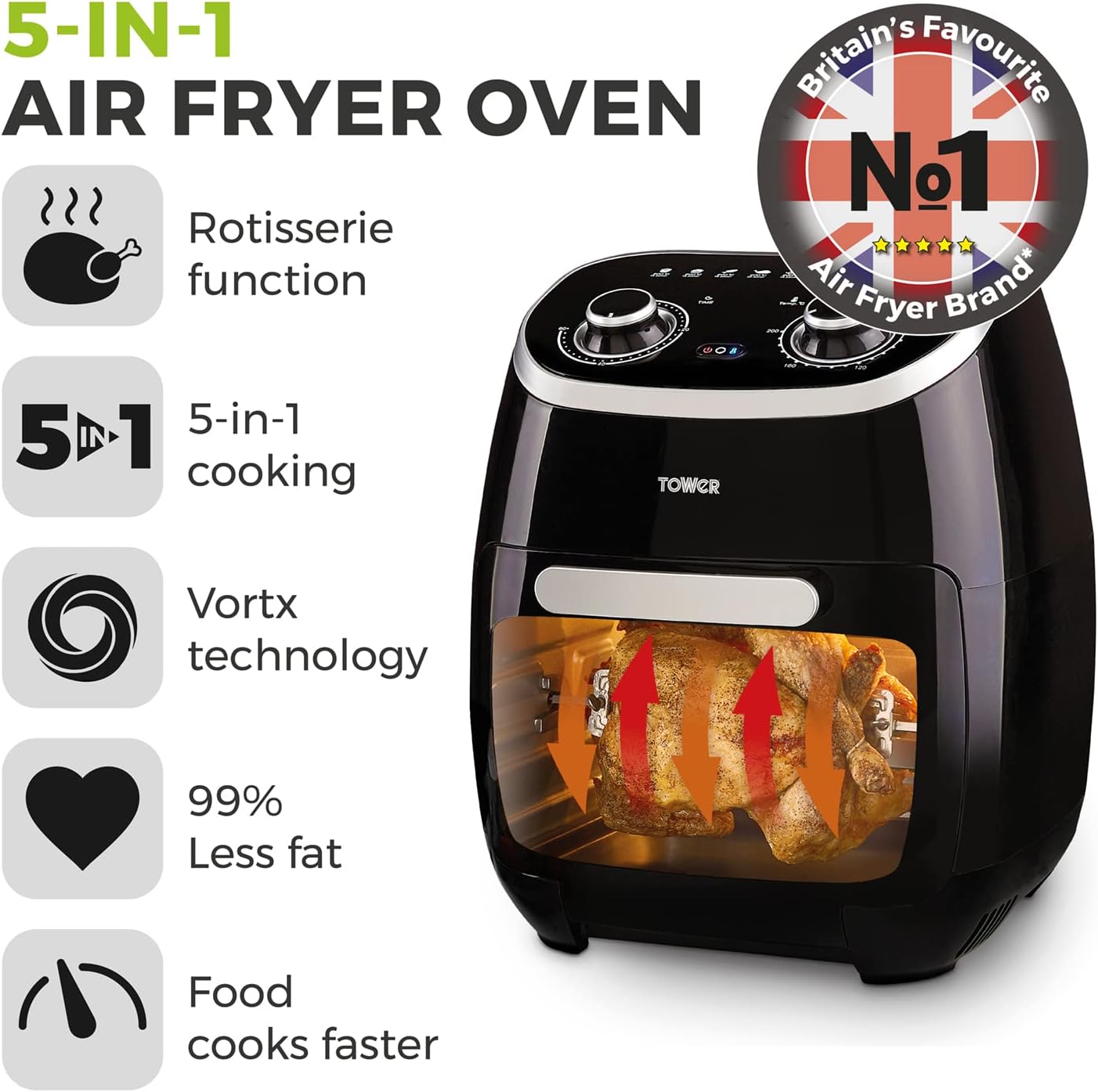 Tower T17038 Xpress 5 - in - 1 Manual Air Fryer Oven with Rapid Air Circulation, 60 - Minute Timer, 11L, 2000W, Black - Amazing Gadgets Outlet