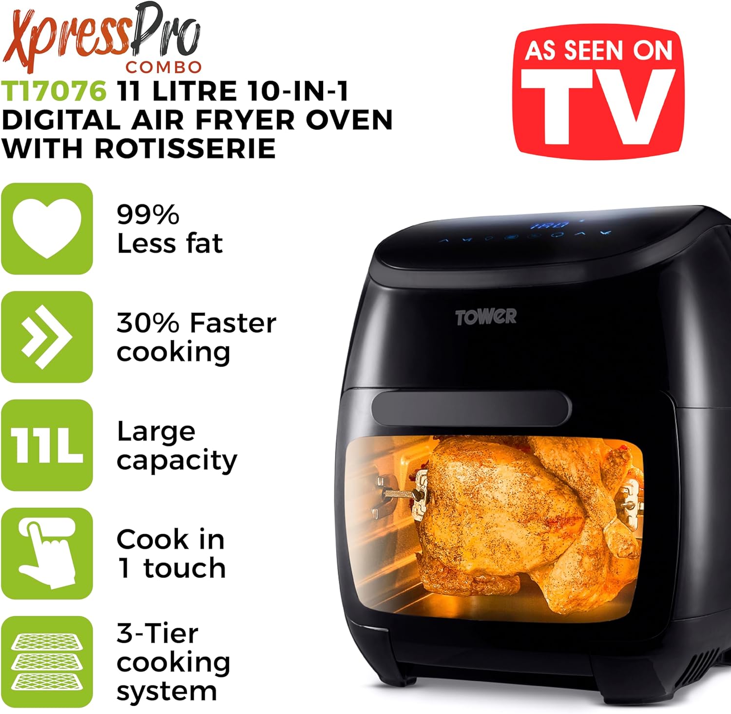 Tower T17076 Xpress Pro Combo 10 - in - 1 Digital Air Fryer Oven with Rapid Air Circulation, 60 - Minute Timer, 11L, 2000W, Black - Amazing Gadgets Outlet