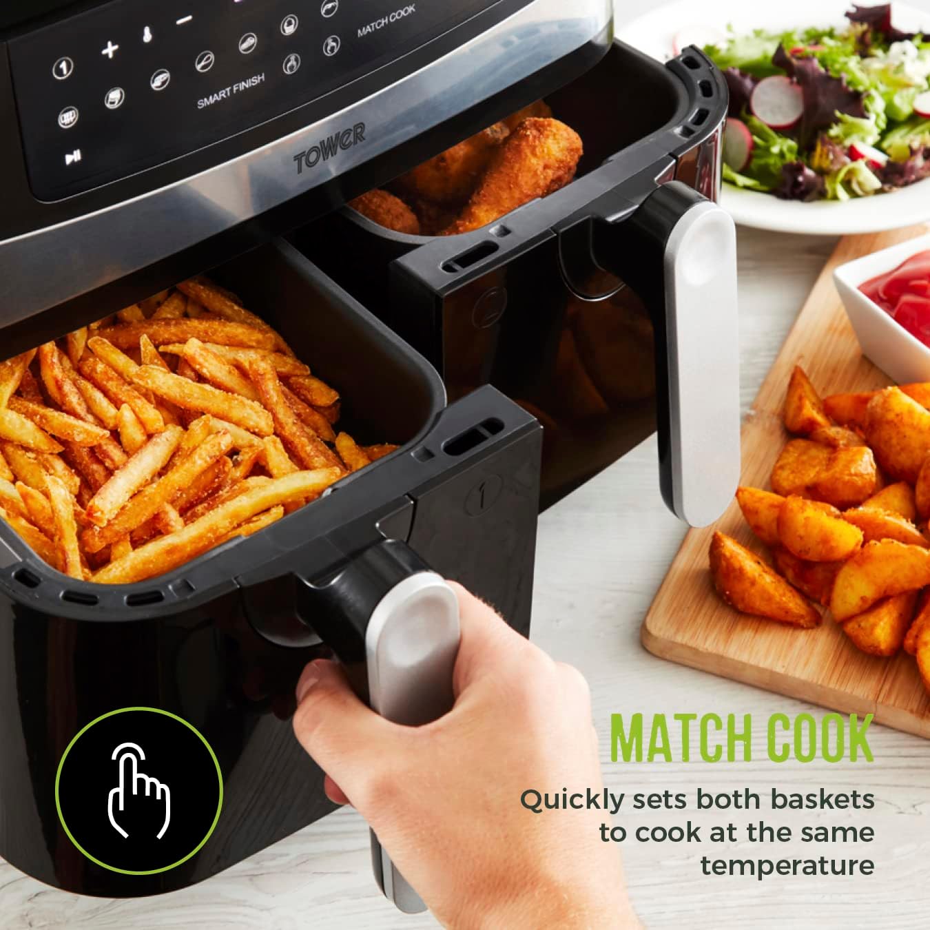 Tower T17088 Vortx 9L Dual Basket Air Fryer with Smart Finish, 2600W, Black - Amazing Gadgets Outlet