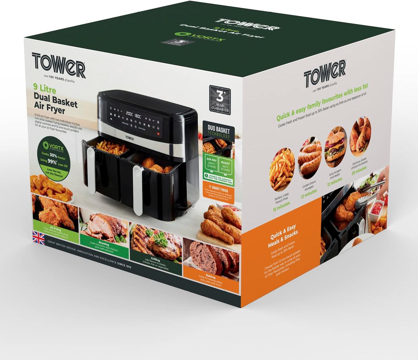 Tower T17088 Vortx 9L Dual Basket Air Fryer with Smart Finish, 2600W, Black - Amazing Gadgets Outlet