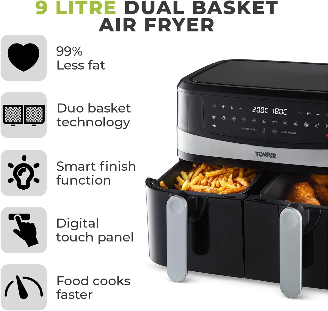 Tower T17088 Vortx 9L Dual Basket Air Fryer with Smart Finish, 2600W, Black - Amazing Gadgets Outlet