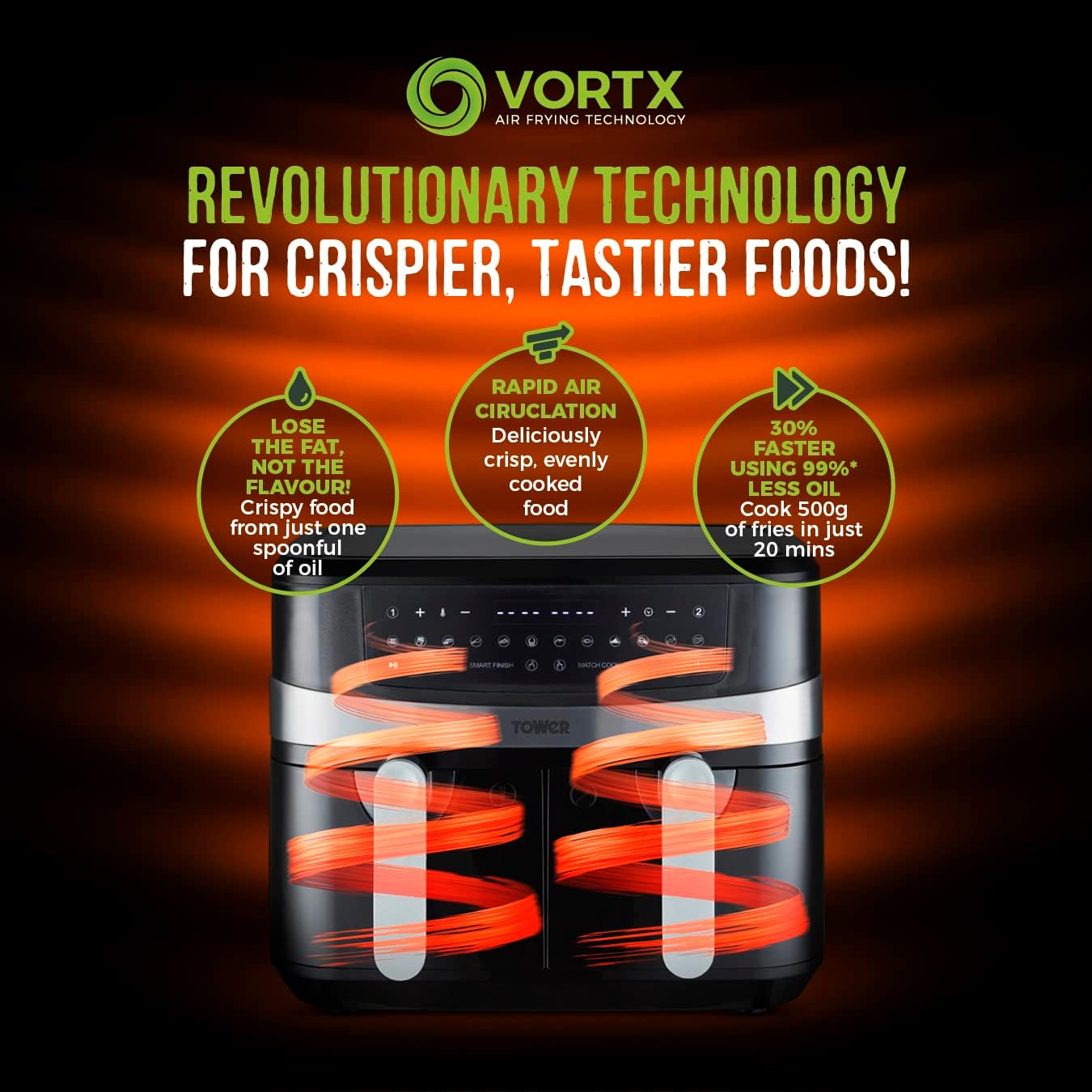 Tower T17088 Vortx 9L Dual Basket Air Fryer with Smart Finish, 2600W, Black - Amazing Gadgets Outlet