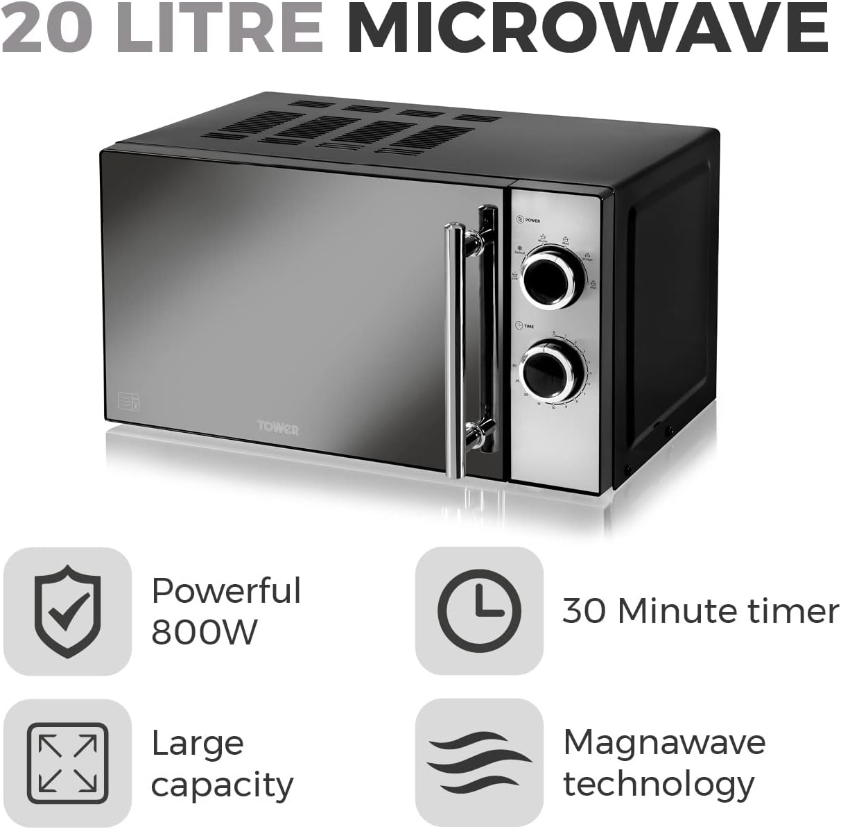 Tower T24015 800W 20L Microwave with 5 Power Levels and a 30 Minute Timer, Black - Amazing Gadgets Outlet