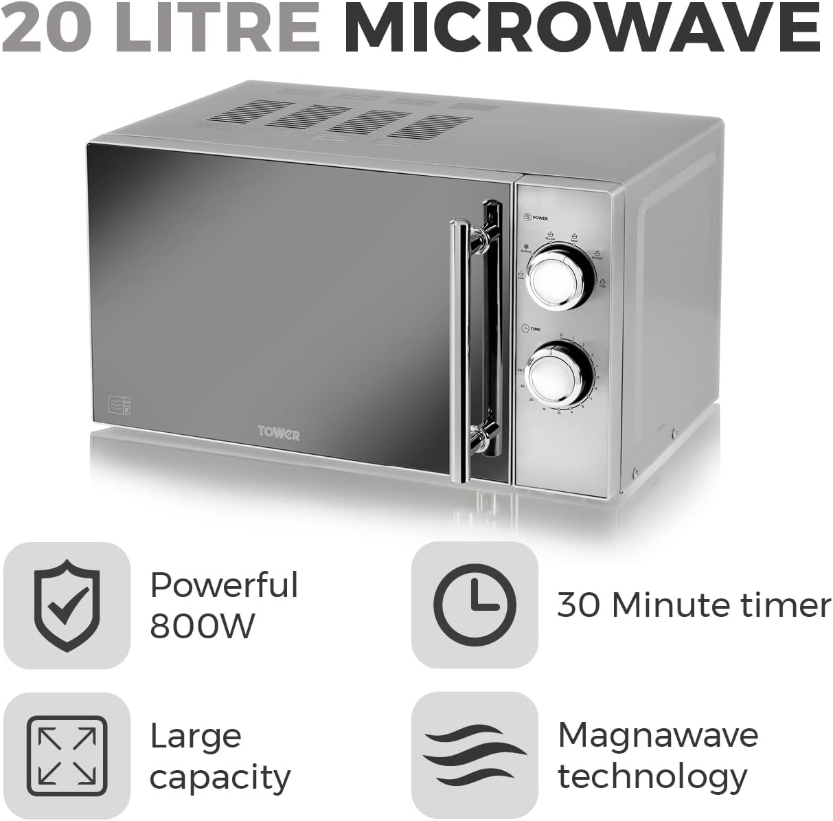 Tower T24015S 800W 20L Microwave with 5 Power Levels and a 30 Minute Timer, Silver - Amazing Gadgets Outlet