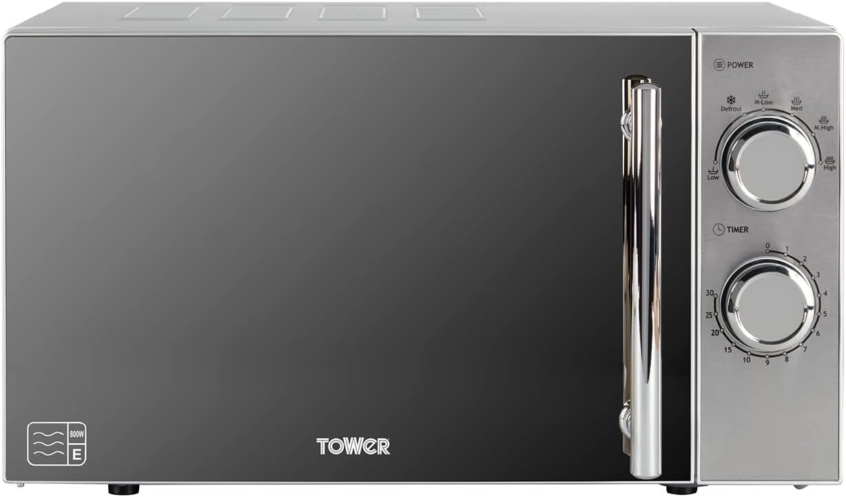 Tower T24015S 800W 20L Microwave with 5 Power Levels and a 30 Minute Timer, Silver - Amazing Gadgets Outlet