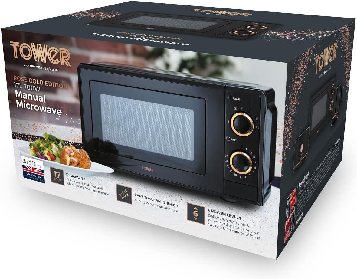 Tower T24029RG 17L Manual Microwave with 700W Power Output and 6 Power Levels, Black and Rose Gold - Amazing Gadgets Outlet