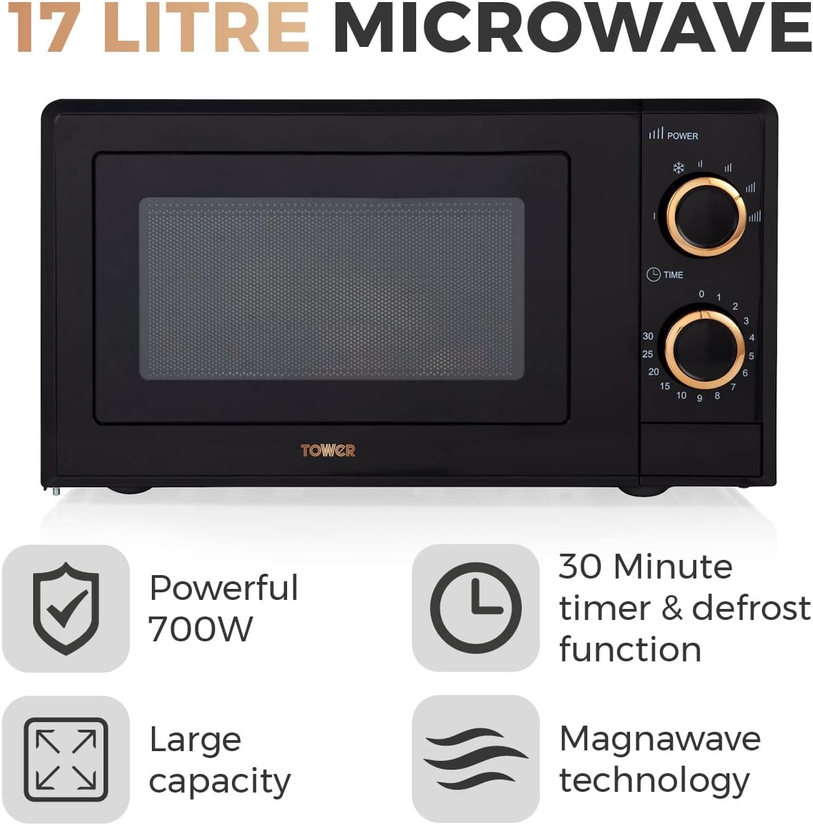 Tower T24029RG 17L Manual Microwave with 700W Power Output and 6 Power Levels, Black and Rose Gold - Amazing Gadgets Outlet