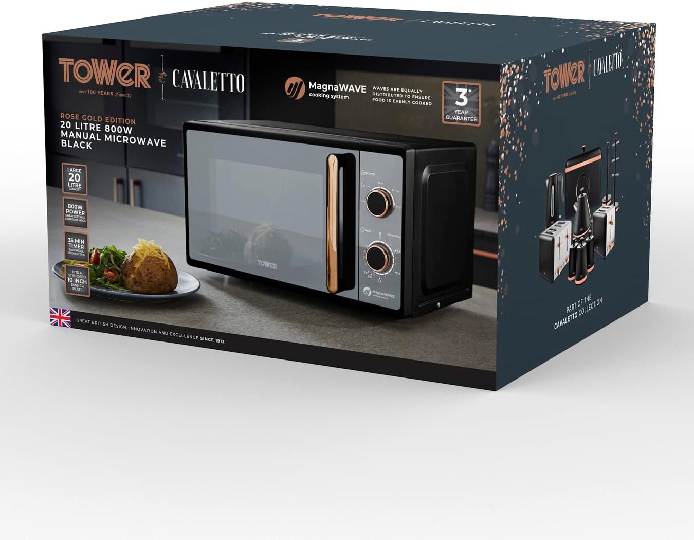 Tower T24038RG Cavaletto Manual Microwave with 5 Power Levels AND 35 Minute Timer, 800W, 20L, Black AND Rose Gold - Amazing Gadgets Outlet