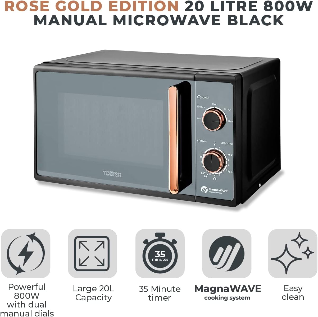 Tower T24038RG Cavaletto Manual Microwave with 5 Power Levels AND 35 Minute Timer, 800W, 20L, Black AND Rose Gold - Amazing Gadgets Outlet