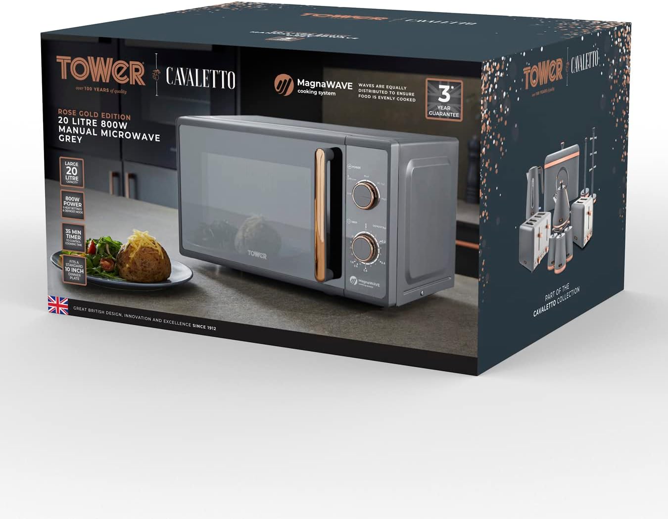 Tower T24038RGG Cavaletto Manual Microwave with 5 Power Levels AND 35 Minute Timer, 800W, 20L, Grey AND Rose Gold - Amazing Gadgets Outlet