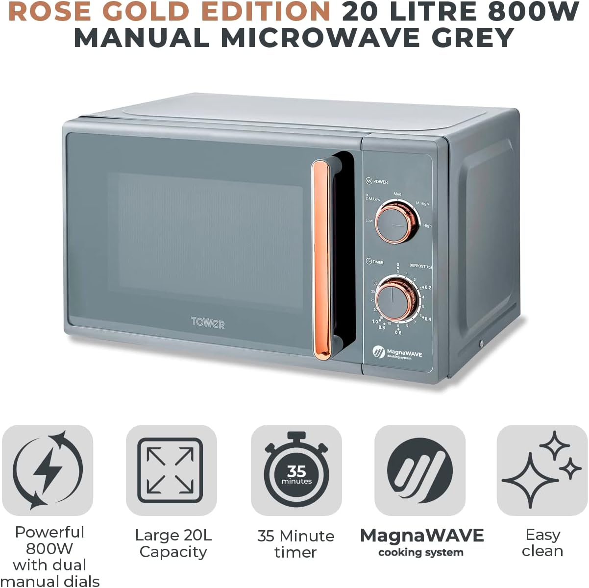 Tower T24038RGG Cavaletto Manual Microwave with 5 Power Levels AND 35 Minute Timer, 800W, 20L, Grey AND Rose Gold - Amazing Gadgets Outlet