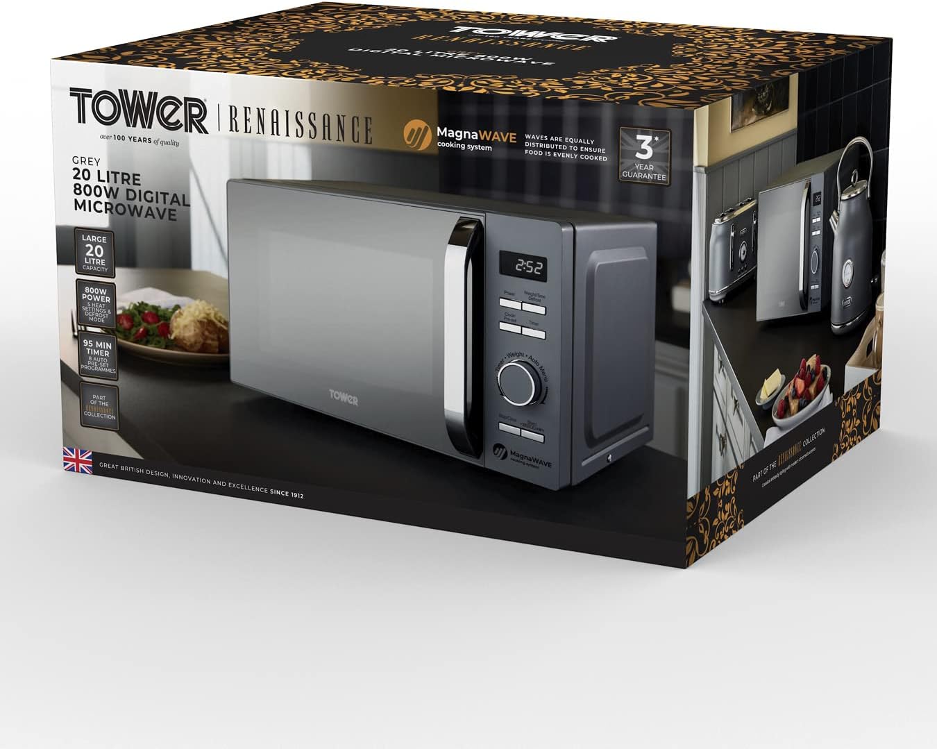 Tower T24039GRY Renaissance 20L Microwave with 5 Power Settings and MagnaWave technology, Grey - Amazing Gadgets Outlet