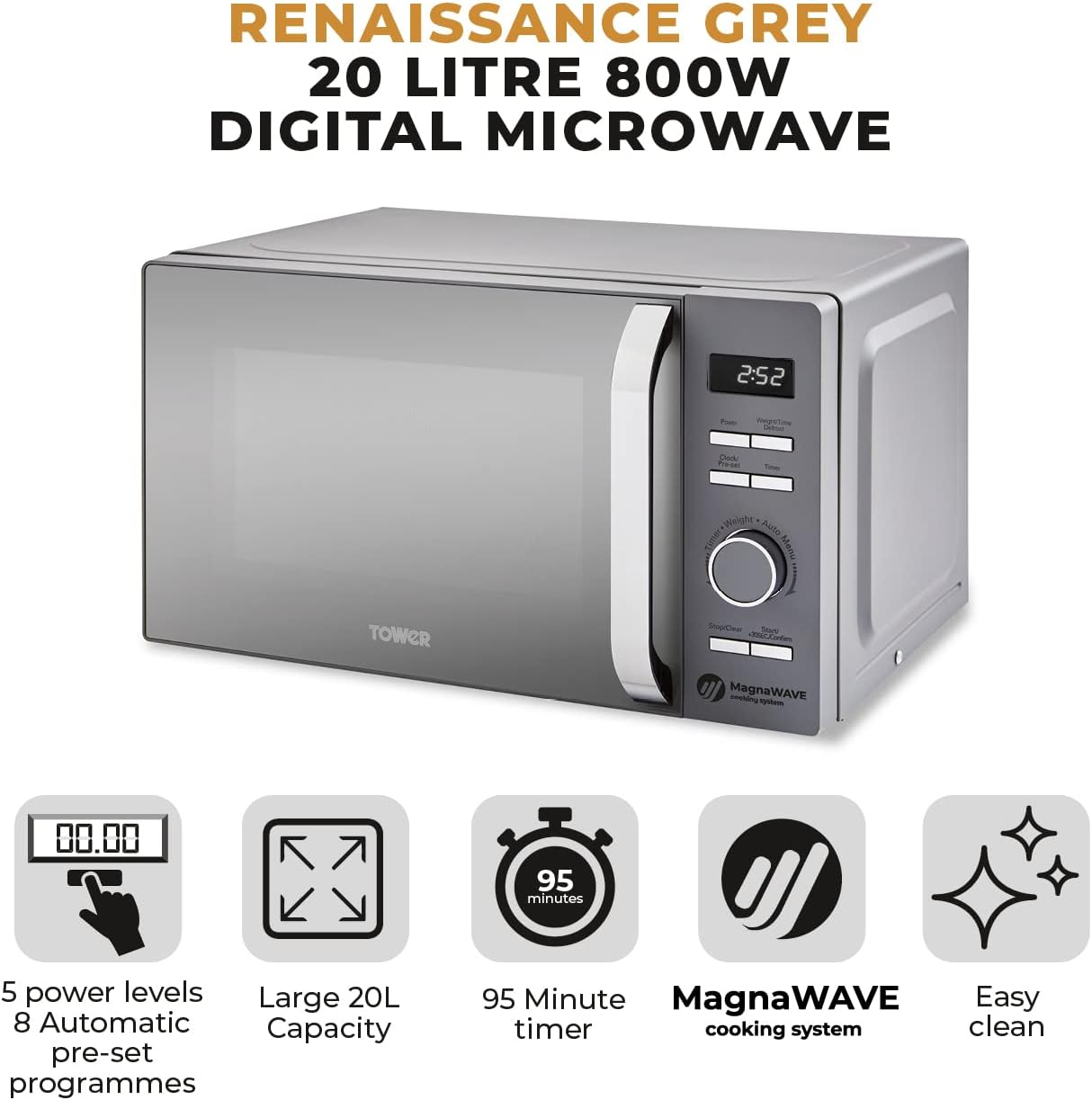 Tower T24039GRY Renaissance 20L Microwave with 5 Power Settings and MagnaWave technology, Grey - Amazing Gadgets Outlet