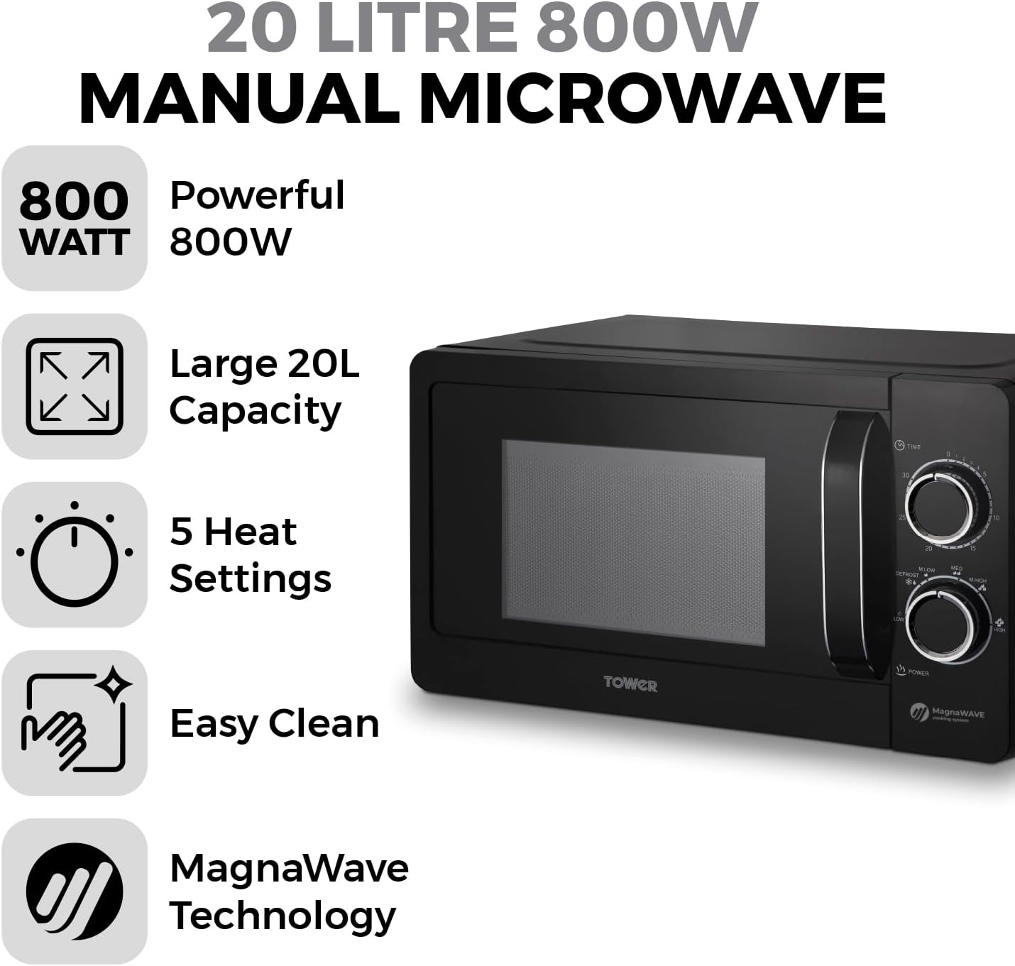 Tower T24042BLK Manual Microwave with Sleek Mirror Door, 800W, 20L, Black & Chrome - Amazing Gadgets Outlet