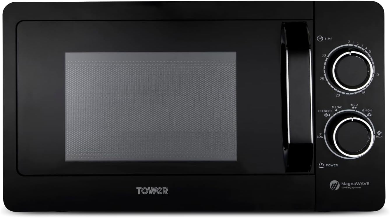 Tower T24042BLK Manual Microwave with Sleek Mirror Door, 800W, 20L, Black & Chrome - Amazing Gadgets Outlet