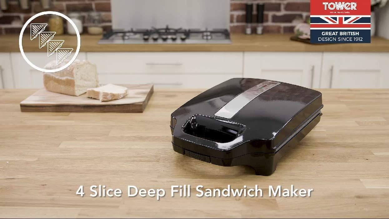 Tower T27021 4 - Slice Deep Fill Sandwich Maker with Easy Clean, Non - Stick Plates, Automatic Temperature Control, Cool Touch Handle, 1600 W, Black - Amazing Gadgets Outlet