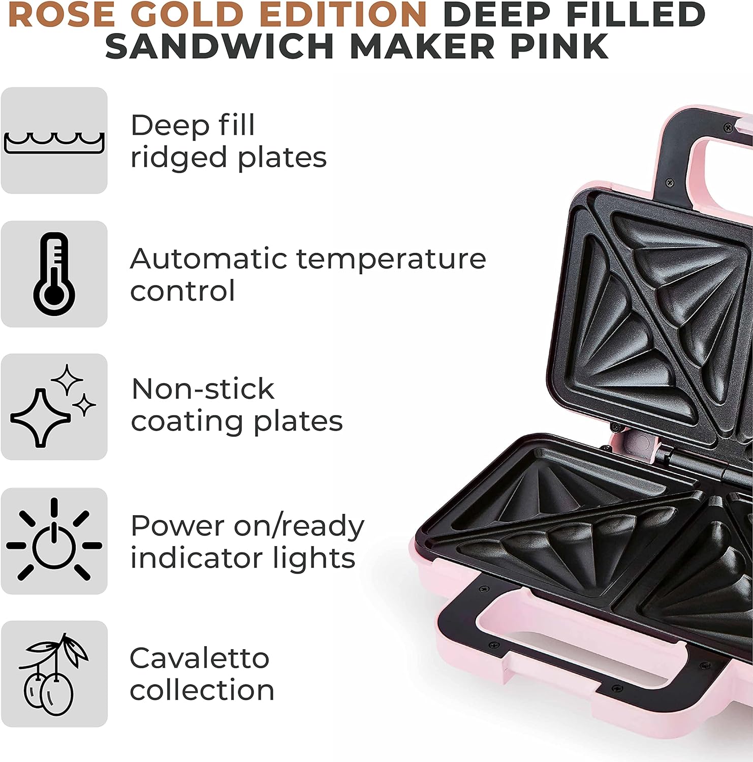 Tower T27036PNK Cavaletto Sandwich Maker with Deep Fill Ridge Plates, 900W Marshmallow Pink and Rose Gold - Amazing Gadgets Outlet