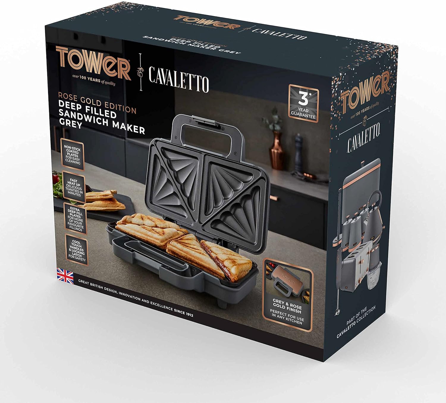 Tower T27036RGG Cavaletto Sandwich Maker with Deep Fill Ridge Plates, 900W Grey and Rose Gold - Amazing Gadgets Outlet