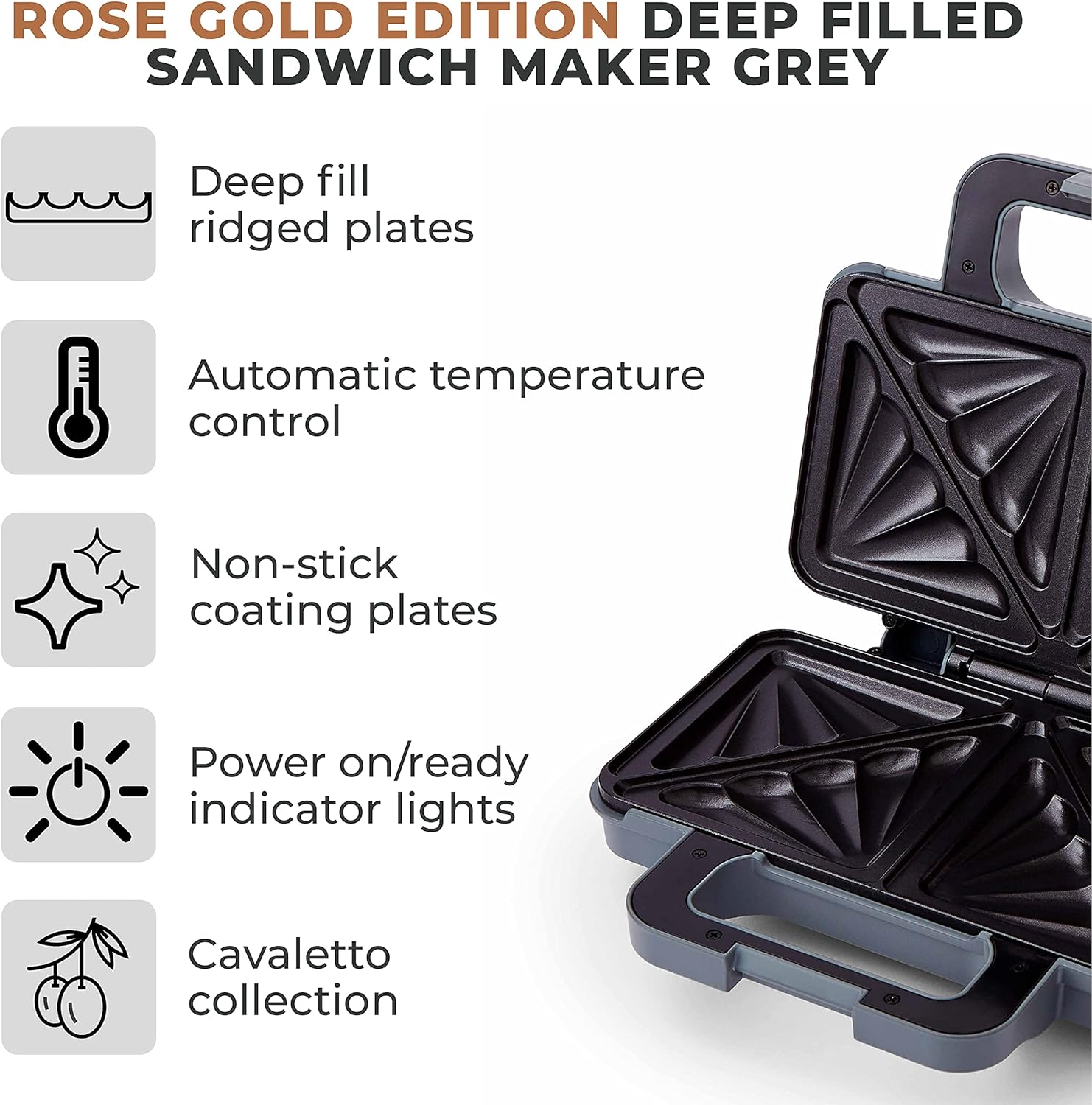 Tower T27036RGG Cavaletto Sandwich Maker with Deep Fill Ridge Plates, 900W Grey and Rose Gold - Amazing Gadgets Outlet