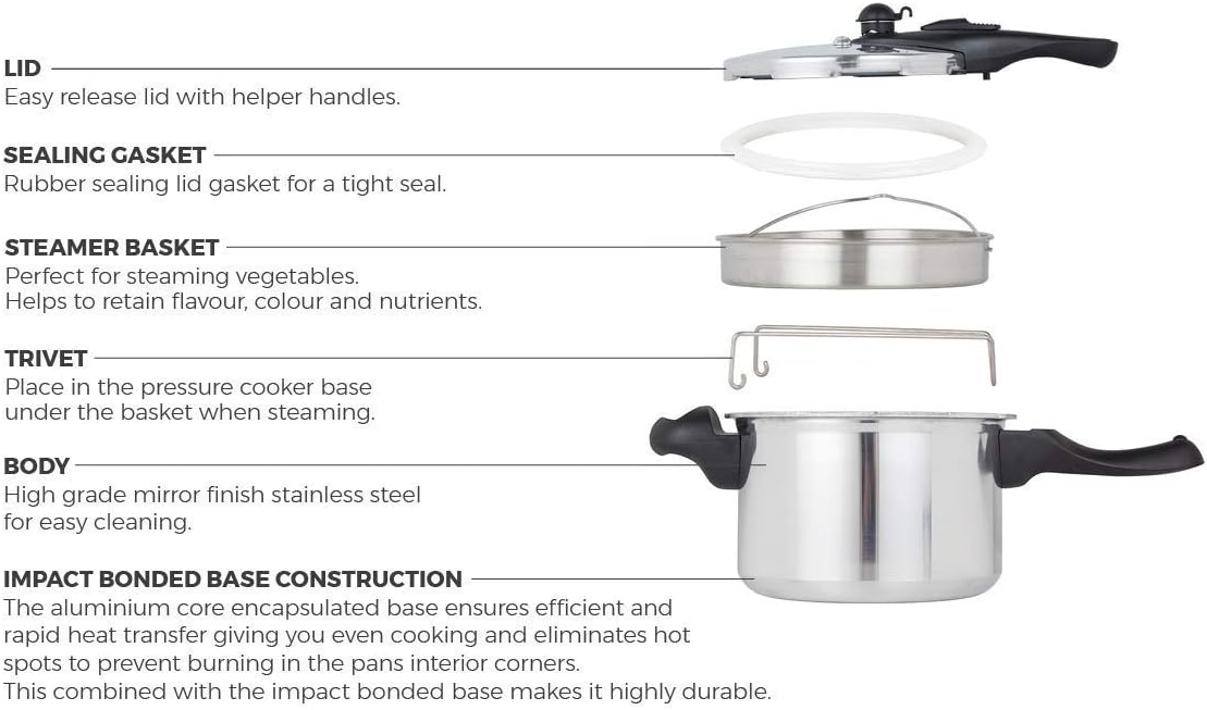 Tower T80244 6L/22cm Pressure Cooker with Steamer Basket, Stainless Steel, Silver - Amazing Gadgets Outlet