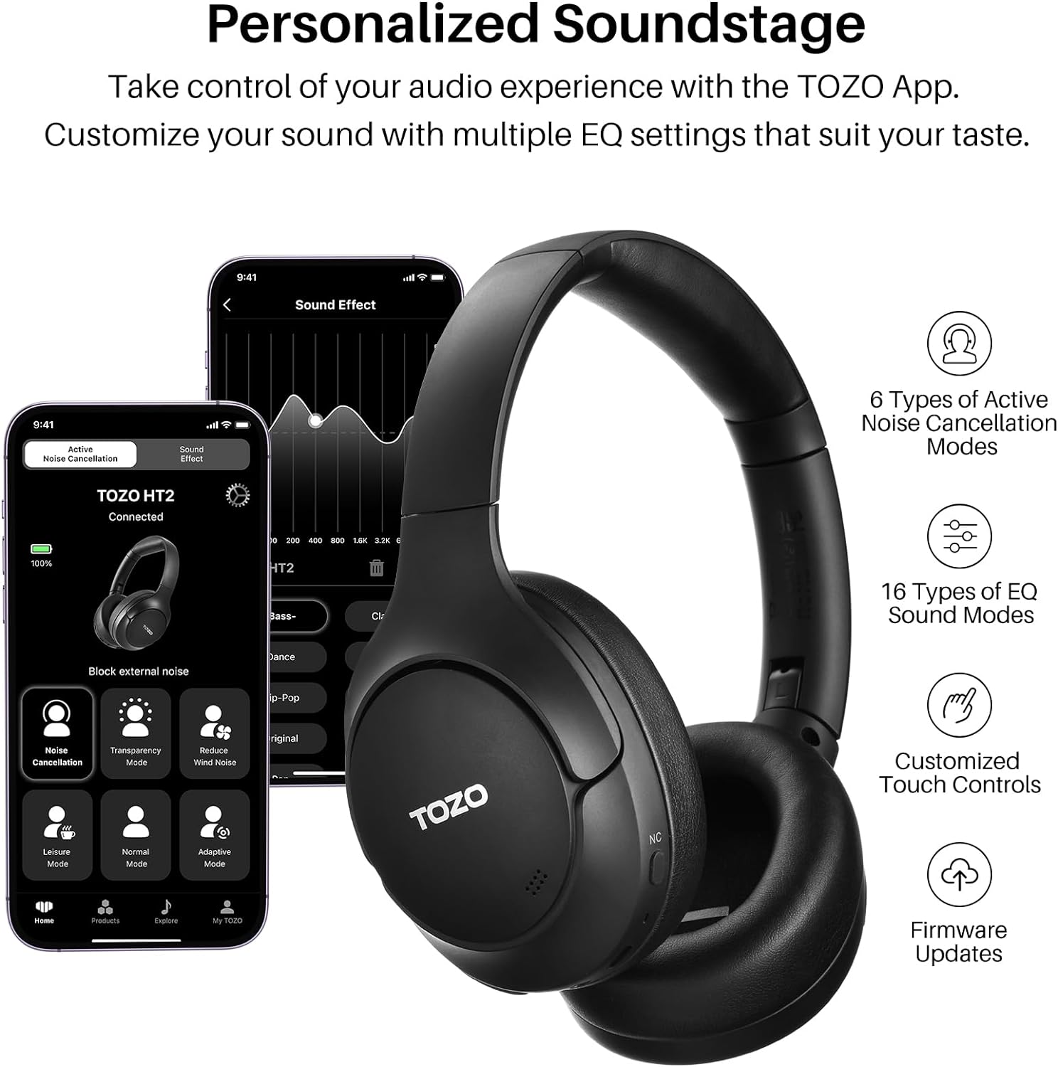 TOZO HT2 Hybrid Active Noise Cancelling Wireless Headphones, 60H Playtime Lossless Audio Over Ear Bluetooth Headphones, Hi - Res Audio Deep Bass Foldable Lightweight Headset for Workout - Amazing Gadgets Outlet