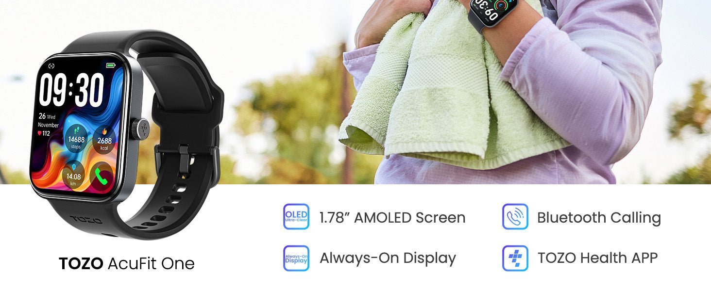 TOZO S4 AcuFit One Smart Watch 1.78" AMOLED Screen for Men Women, Bluetooth Call Dial Fitness Tracker, Heart Rate and Blood Oxygen, Sleep Monitor, IP68 Waterproof, Workout for iOS Android - Amazing Gadgets Outlet