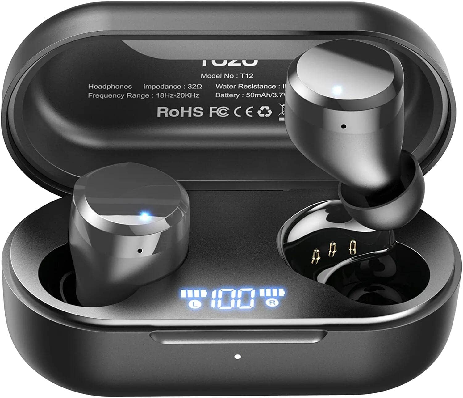 TOZO T12 Wireless Earbuds Bluetooth 5.3 Headphones Premium Sound Performance Touch Control LED Digital Display Wireless Charging Case Earphones Black - Amazing Gadgets Outlet