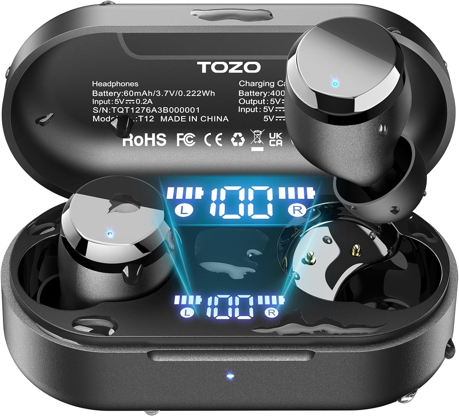 TOZO T12 Wireless Earbuds Bluetooth 5.3 Headphones Premium Sound Performance Touch Control LED Digital Display Wireless Charging Case Earphones Black - Amazing Gadgets Outlet