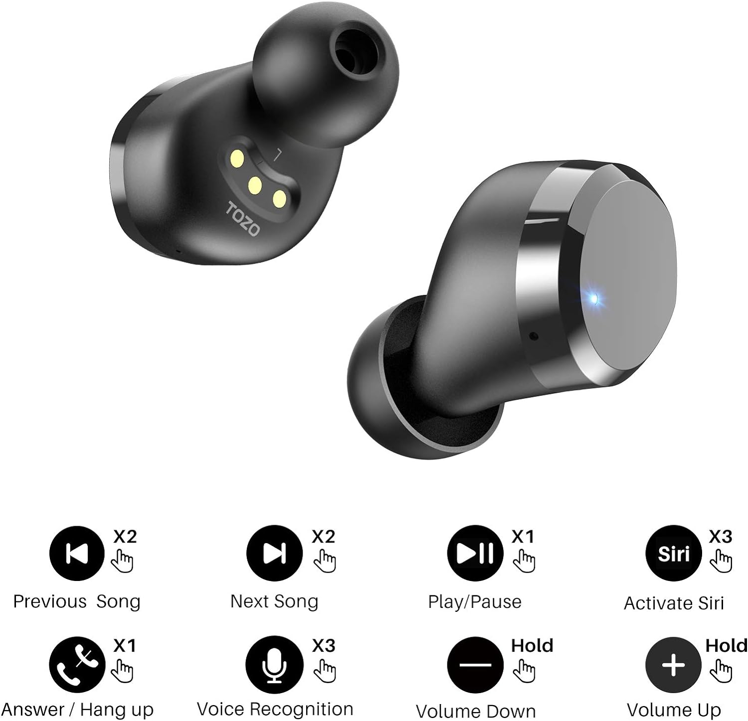 TOZO T12 Wireless Earbuds Bluetooth 5.3 Headphones Premium Sound Performance Touch Control LED Digital Display Wireless Charging Case Earphones Black - Amazing Gadgets Outlet