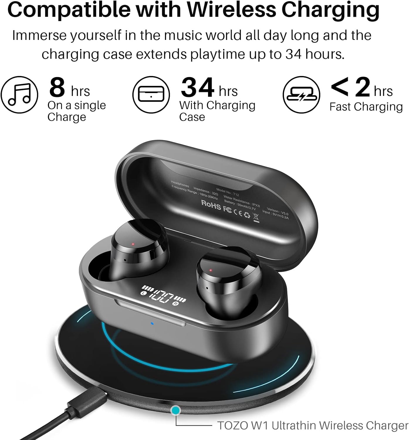 TOZO T12 Wireless Earbuds Bluetooth 5.3 Headphones Premium Sound Performance Touch Control LED Digital Display Wireless Charging Case Earphones Black - Amazing Gadgets Outlet