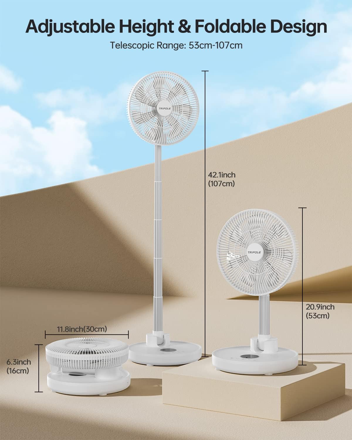 TriPole 12” Foldaway Standing Fan, 6 Speeds 70° Oscillating Pedestal Fan with Remote Control, 12000mAh Battery Operated Floor Fan, 6 Timer Settings Portable Desk Fan for Bedroom Home Office, White - Amazing Gadgets Outlet