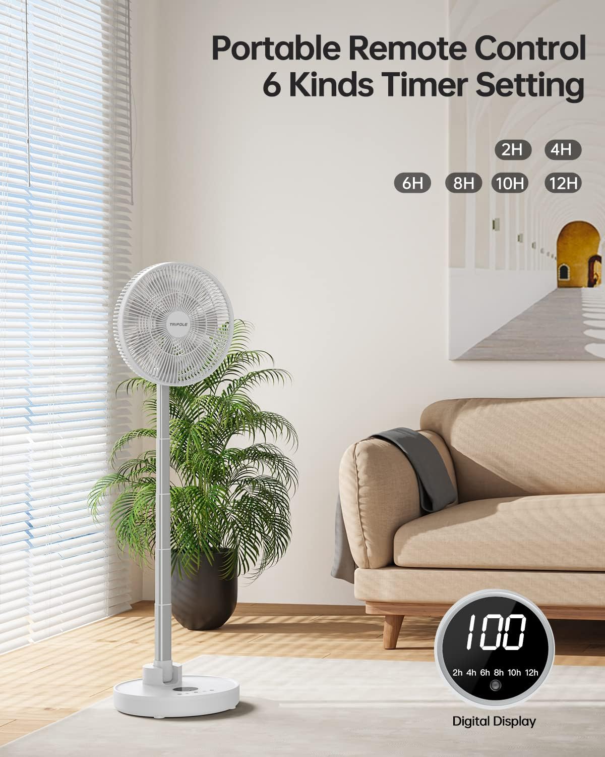 TriPole 12” Foldaway Standing Fan, 6 Speeds 70° Oscillating Pedestal Fan with Remote Control, 12000mAh Battery Operated Floor Fan, 6 Timer Settings Portable Desk Fan for Bedroom Home Office, White - Amazing Gadgets Outlet