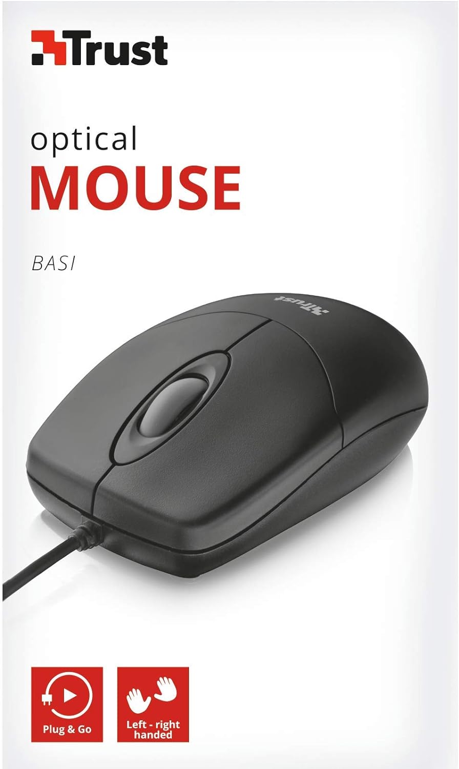 Trust Basi Optical Wired Mouse for Computer and Laptop, 1000 DPI, 3 Buttons, Left and Right Hand Users - Black - Amazing Gadgets Outlet